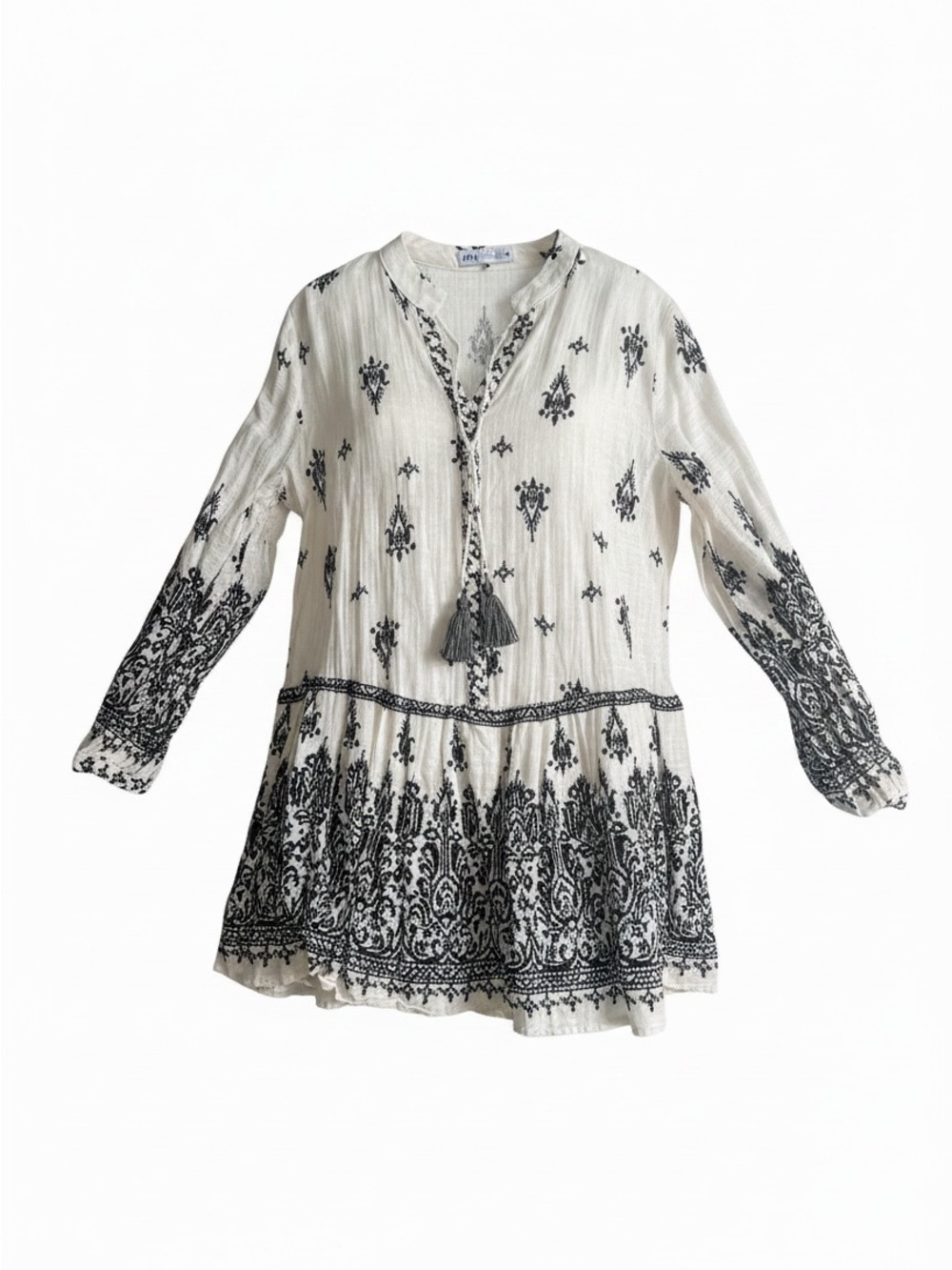 Zara White Printed Tunic Dress with Black size XL 100% cotton